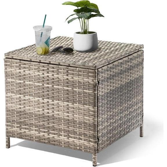 WYDK Outdoor Side Table, Rattan Coffee Table with Storage 27 Gallon Patio Small Deck Storage Box for Cushion Towel Books, Brown Side Table with lid
