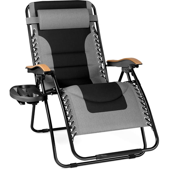 WYDK Oversized Padded Zero Gravity Chair, Foldable Patio Recliner, 30" Wide Seat Anti Gravity Lounger with Cup Holder, Support 400 LBS (Gray)