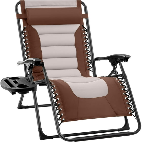 WYDK Oversized Padded Zero Gravity Chair, Folding Outdoor Patio Recliner, XL Anti Gravity Lounger for Backyard w/Headrest, Cup Holder, Side Tray, Polyester Mesh - Brown/Oyster