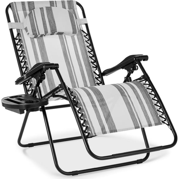 WYDK Oversized Zero Gravity Chair, Folding Outdoor Patio Lounge Recliner w/Cup Holder Accessory Tray, Pillow - Gray Stripes
