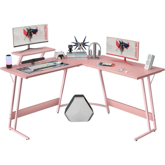 WYDK Pink L Shaped Gaming Desk Computer Corner PC Desk Table with Large Monitor Stand for Home Office Studying Writing Workstation, Gift for Girls and Women (Pink, 51 Inch)