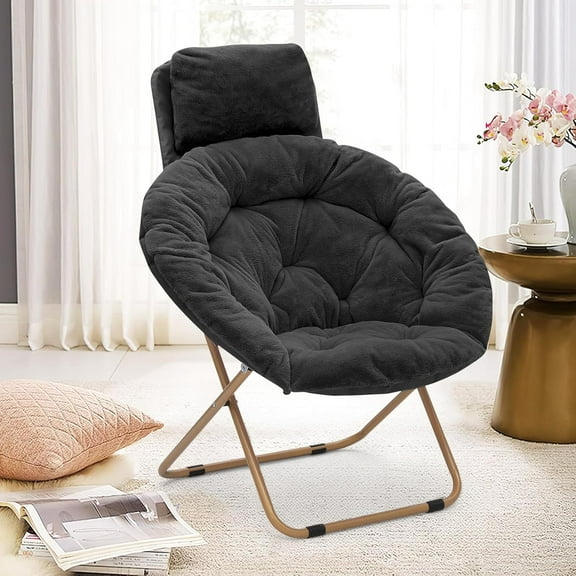 WYDK Round Comfy Saucer Chair with Headrest Large Cozy, Metal Frame Cozy Lounge Lazy Chair Folding Faux Fur Saucer Chair for Adults, Foldable Papasan Moon Chair(Black)