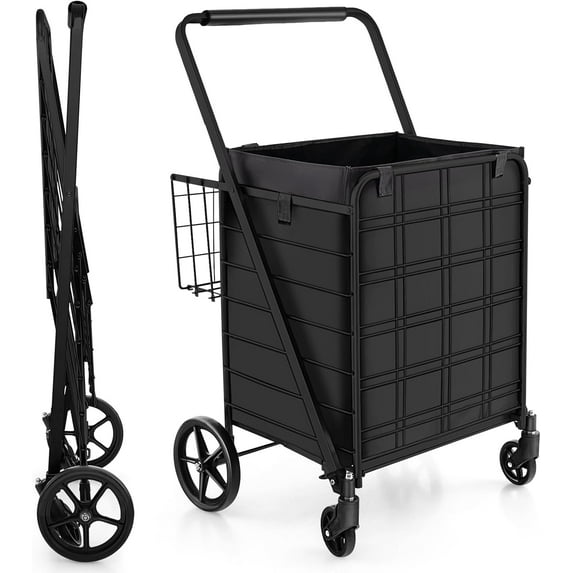 WYDK Shopping Cart with Oxford Liner Bag, 27.5 Gallon Folding Grocery Cart on Wheels, Double Basket, 330 LBS Weight Capacity, Portable Granny Cart Shopping Cart for Market Laundry (Black)