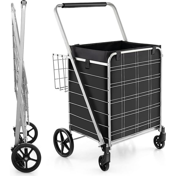 WYDK Shopping Cart with Oxford Liner Bag, 27.5 Gallon Folding Grocery Cart on Wheels, Double Basket, 330 LBS Weight Capacity, Portable Granny Cart Shopping Cart for Market Laundry (Silver)