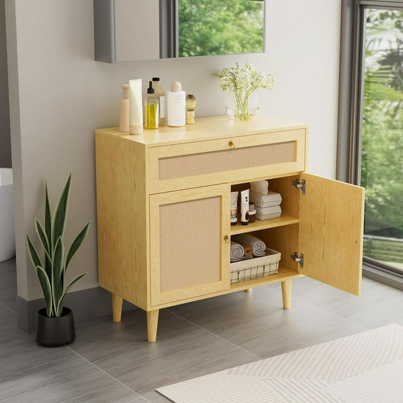 WYDK Storage Cabinet with Rattan Decor Doors & Drawer, Modern Bathroom Floor Storage Cabinet Organizer, Freestanding Cupboard for Kitchen/Living Room Use(Light Oak/One Drawers&Double Doors)