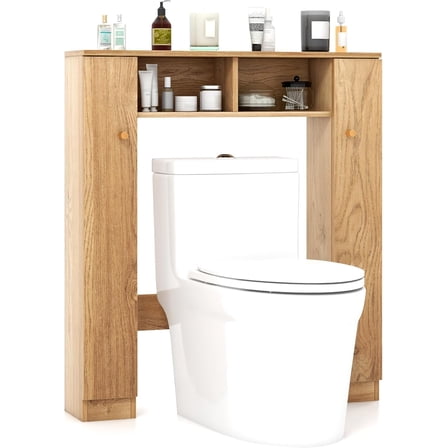 WYDK Over The Toilet Storage Cabinet, Double Door Freestanding Bathroom Organizer w/ 2 Open Compartments & 4 Adjustable Shelves, Bathroom Space Saver, Laundry Room Storage Rack (Natural)