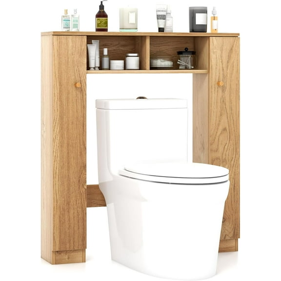 WYDK Over The Toilet Storage Cabinet, Double Door Freestanding Bathroom Organizer w/ 2 Open Compartments & 4 Adjustable Shelves, Bathroom Space Saver, Laundry Room Storage Rack (Natural)