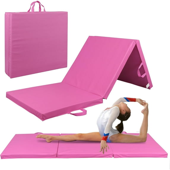 WYDK Tri-Foldable Gymnastics Tumbling Thick Mats with Carrying Handles for Home Exercise, Gym, Stretching, Core Workouts, Yoga,Pink