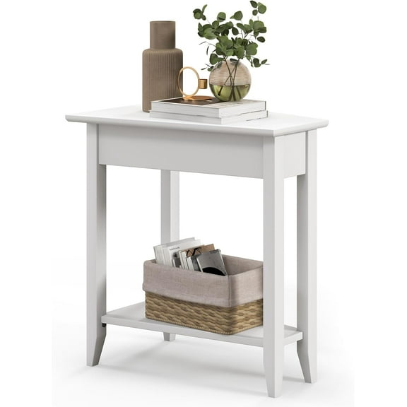 WYDK Wedge End Table White, Triangle Side Table with Storage Shelf and Solid Wood Legs, Recliner Table, 24.5" Tall Nightstand, Modern Narrow Accent Table for Small Space Living Room