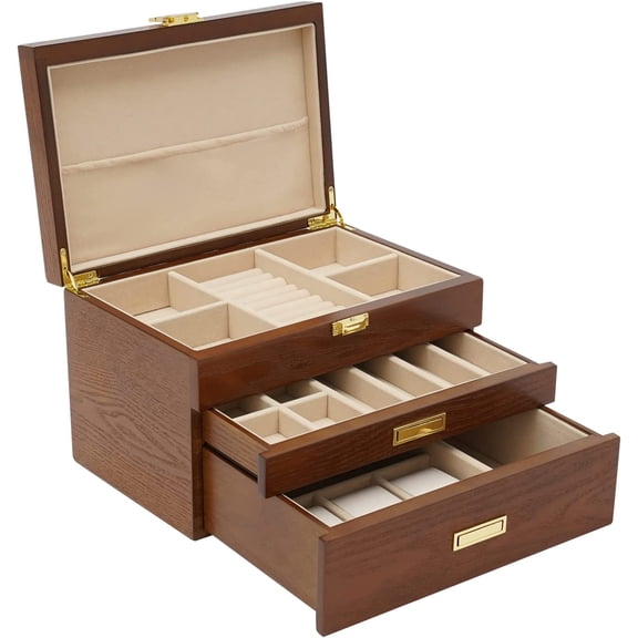 WYDK Wooden Jewelry Organizer Box,3 Layer Jewelry Storage Organizer Box Women Jewelry Holder Organizer,Freestanding Wood Jewelry Storage Case for Sunglasses Watches Earrings Necklaces (Brown)