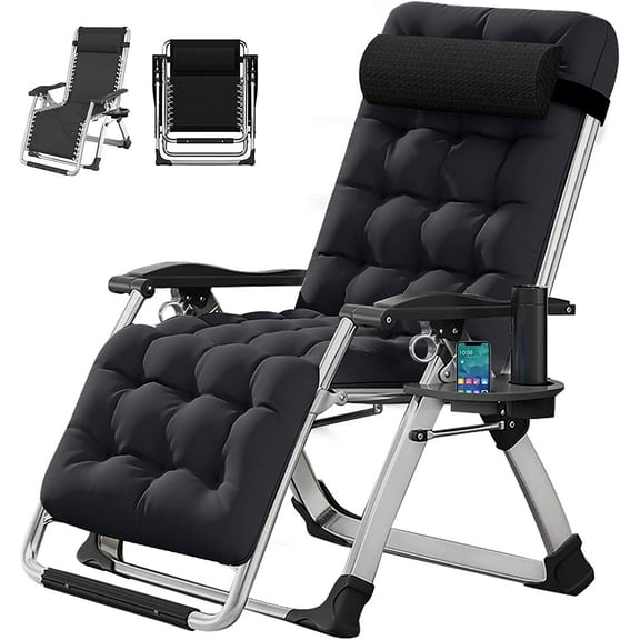 WYDK Zero Gravity Chair, Lawn Recliner, Reclining Patio Lounger Chair, Folding Portable Chaise with Detachable Soft Cushion, Cup Holder, Headrest,Black