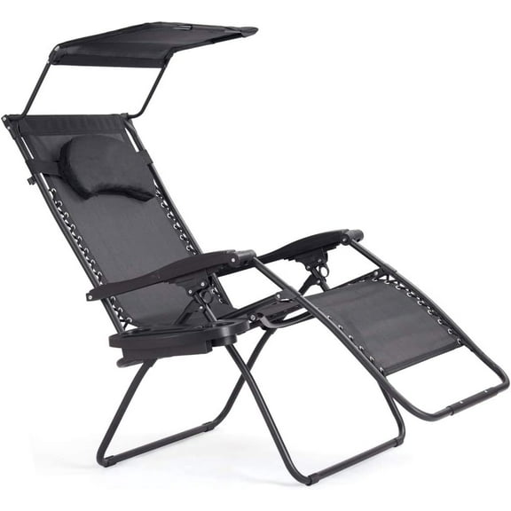 WYDK Zero Gravity Chair with Shade Canopy, Reclining Lounge Chair with Adjustable Canopy Removable Headrest, Cup Holder, Folding Zero Gravity Lawn Chair for Patio Poolside, Assembly-Free, Black