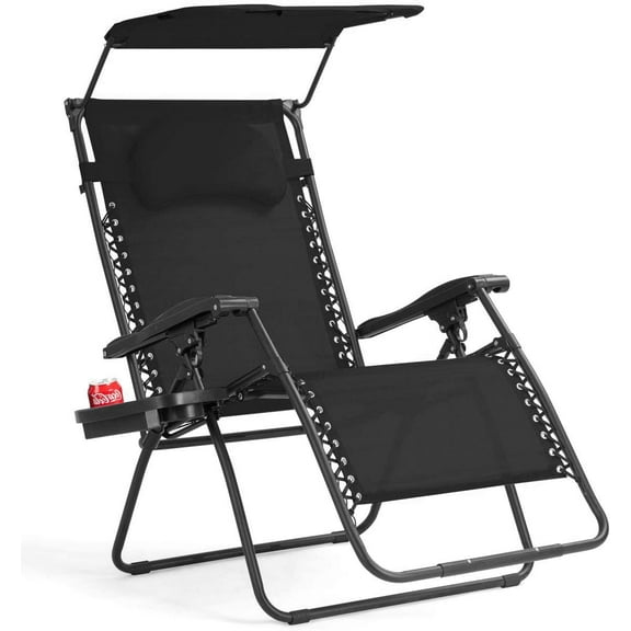 WYDK Zero Gravity Chairs, X-Large Folding Lounge Lawn Chair with Adjustable Backrest, Headrest, Cup Holder, Canopy for Patio Pool Porch Deck, Black