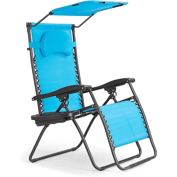 WYDK Zero Gravity Chairs, X-Large Folding Lounge Lawn Chair with Adjustable Backrest, Headrest, Cup Holder, Canopy for Patio Pool Porch Deck, Blue