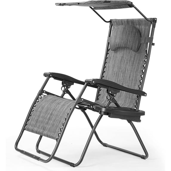 WYDK Zero Gravity Chairs, X-Large Folding Lounge Lawn Chair with Adjustable Backrest, Headrest, Cup Holder, Canopy for Patio Pool Porch Deck, Grey