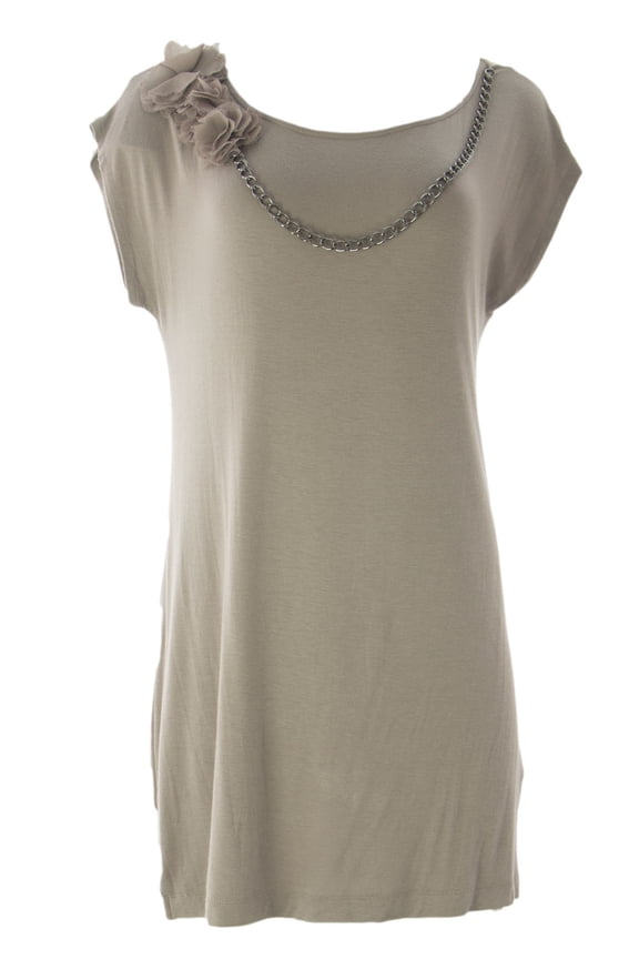 Women's Flower Applique Chain Link Cap Sleeve Tunic Medium Dark Tan