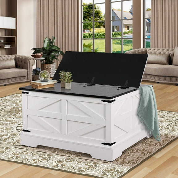 WYGMAV Rustic Modern Wood Square Coffee Table with Storage, White