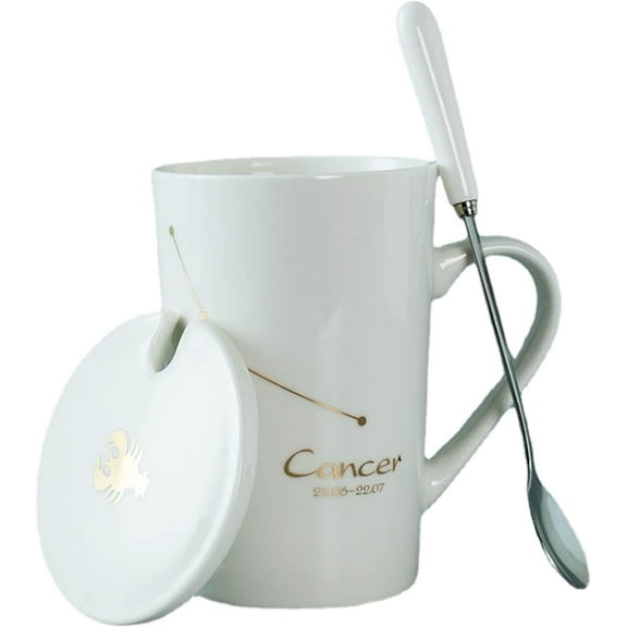 WYGOAKG Cancer ceramic mugs 12 constellation mugs with spoon lid, white and gold color porcelain zodiacal porcelain coffee cup