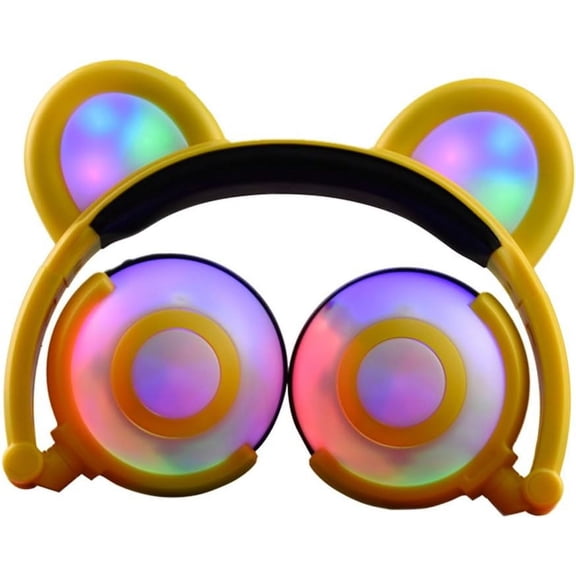 WYJ Kids Headphones Bear Ear-Inspired USB Rechargeable LED Backlight,Wired On/Over Ear Gaming Headsets 85dB Volume Limited for Girls,Boys,Compatible for Tablet,Phone,PC (Yellow)-0614