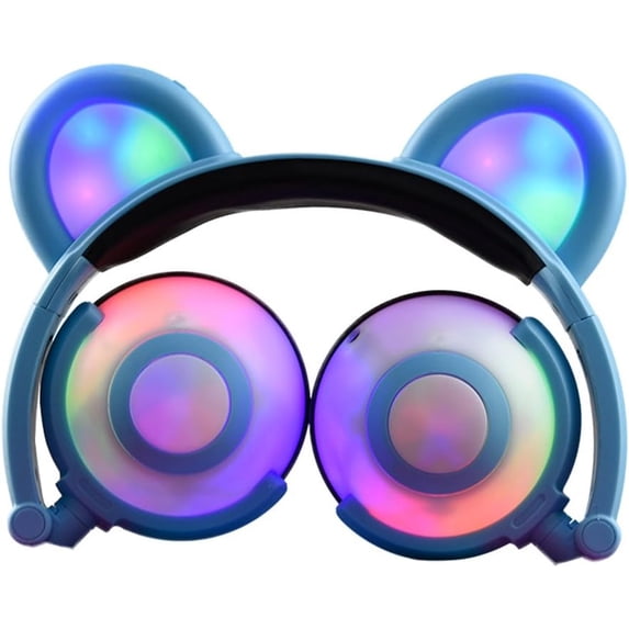 WYJ Kids Headphones Bear Ear-Inspired USB Rechargeable LED Backlight,Wired On/Over Ear Gaming Headsets 85dB Volume Limited for Girls,Boys,Compatible for Tablet,Phone,PC (Blue)-0614
