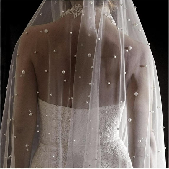 WYJ Pearls White Ivory Long Bridal Veil with Comb One Layer Cathedral Wedding Veil with Pearls Crystal Beads 75-300cm (Color : Ivory, Item Length : 120cm)-0614