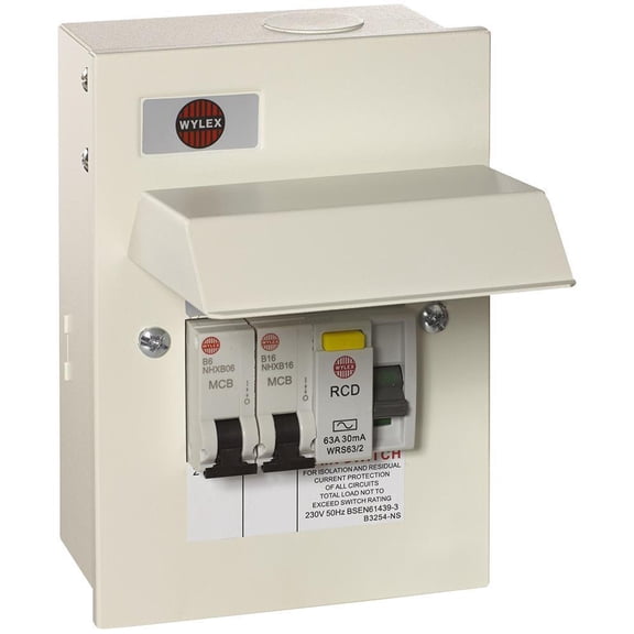 WYLEX - 2-Way Metal Garage Kit, 63A 30mA RCD, 6A & 16A MCBs