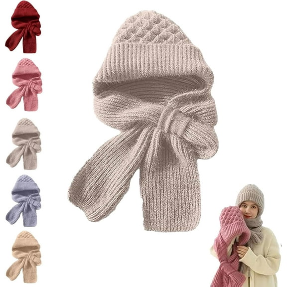 WYLQQ Winter Versatile Knitted Hooded Scarf for Women, Integrated Ear Protection Windproof Cap Scarf Hat
