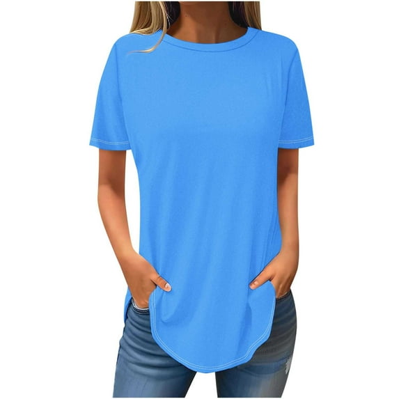 WYMPDSVI Clearance Womens Solid Color Tops Round Neck Summer Casual Loose Fit T Shirts Women Short Sleeve Long Tshirts for Leggings Blue XL