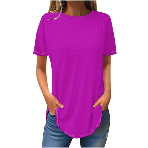 WYMPDSVI Clearance Womens Solid Color Tops Round Neck Summer Casual Loose Fit T Shirts Women Short Sleeve Long Tshirts for Leggings Hot Pink XL