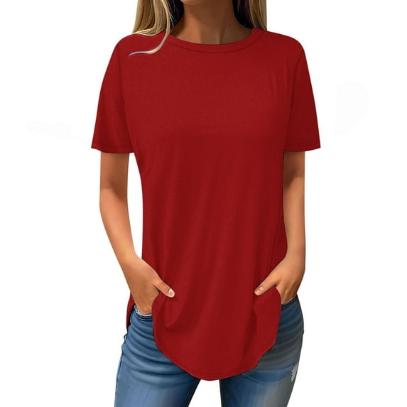 WYMPDSVI Womens Solid Color Tops Round Neck Summer Casual Loose Fit T Shirts Women Short Sleeve Long Tshirts for Leggings Red L