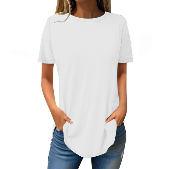 WYMPDSVI Womens Solid Color Tops Round Neck Summer Casual Loose Fit T Shirts Women Short Sleeve Long Tshirts for Leggings White XXL