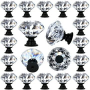 WYN 12 PCS Clear Crystal Glass Drawer Cabinet Pulls Knobs Diamond Shape for Kitchen, Dresser, 30mm (1-1/4“), Black Color Base