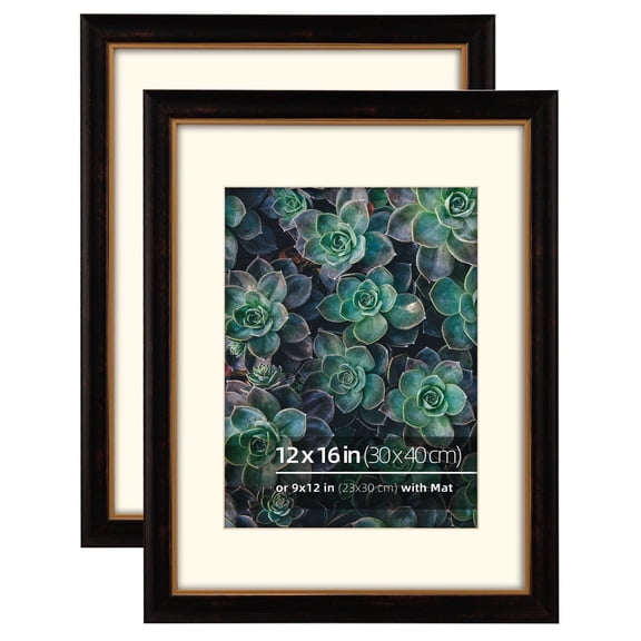 12x16 in 2PK Wood Black Bronze Gold 2 Tone Vintage Antique Retro Picture Frame, Museum Grade Off White Mat 9x12, Plexi Glass Protection, Wall Hanging Photo Display, Gold Trim