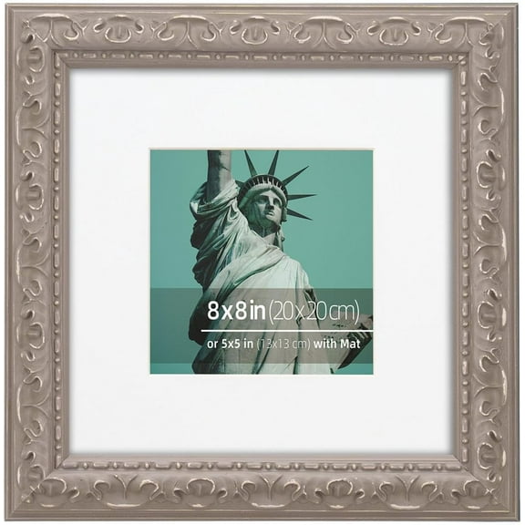 8x8 inch Distressed Wood Embossed Scroll Motif Vintage Antique Rustic Picture Frame, White Mat for 5x5 in Photo, Art Print Drawing, Wall Hanging or Desktop Display- Grey