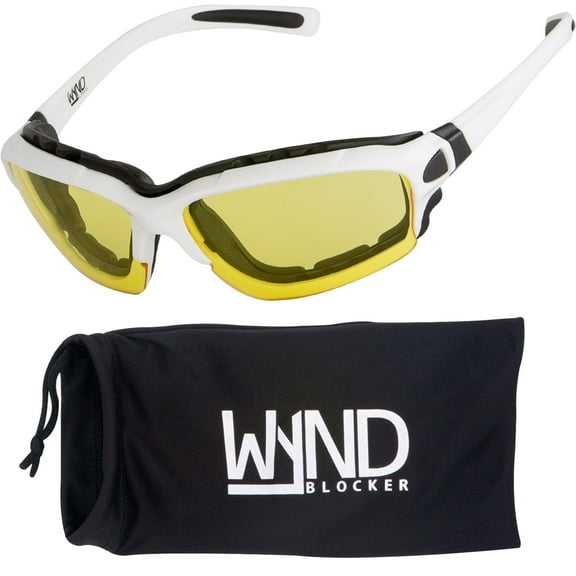 WYND Blocker Wind Resistant Sunglasses Motorcycle Riding Dry Eye Glasses (Model 331 White/Yellow Lens)