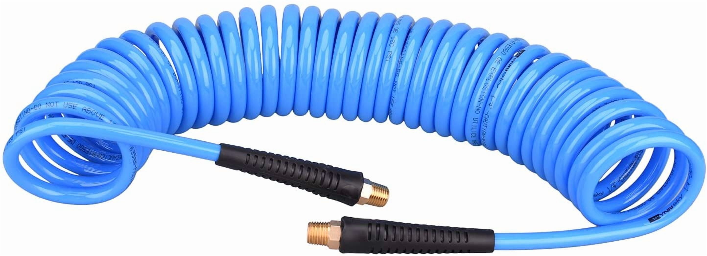 WYNNsky 25 Feet Polyurethane Coiled Air Compressor Hose, 1/4 Inch MNPT Brass Swivel Air Fittings with Bend Restrictor