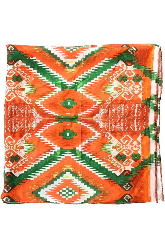 WYOMING TRADERS Aztec Regular Orange Green Silk Scarf, 34.5x34.5 (A5)