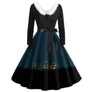 WYOUNG Halloween Dress for Women 2024 Vintage Halloween Printed Long Sleeve V Neck Plus Size Evening Prom Dresses with Belt