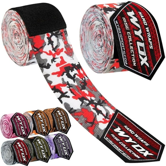 WYOX Boxing Hand Wraps 180-Inch – Elastic Bandage Wraps, Bandages, Boxing Gloves, Sports Wrap & Support Gear Pro (Red Camo)