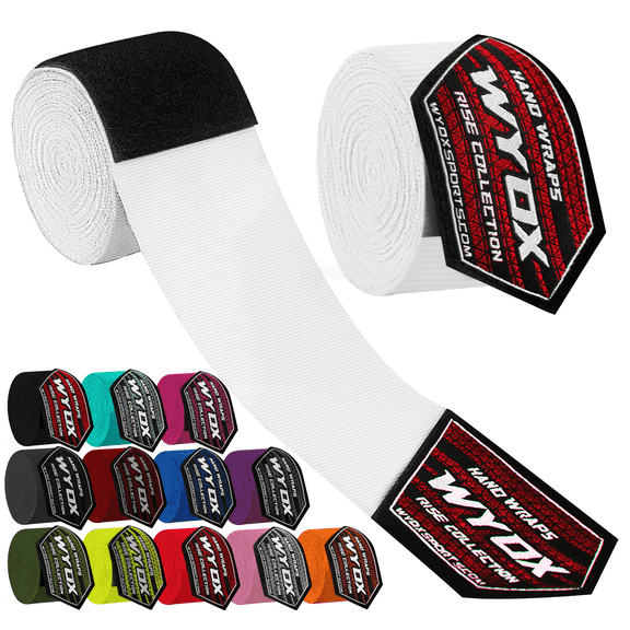 WYOX Boxing Hand Wraps 180-Inch – Elastic Bandage Wraps, Bandages, Boxing Gloves, Sports Wrap & Support Gear Pro (White)