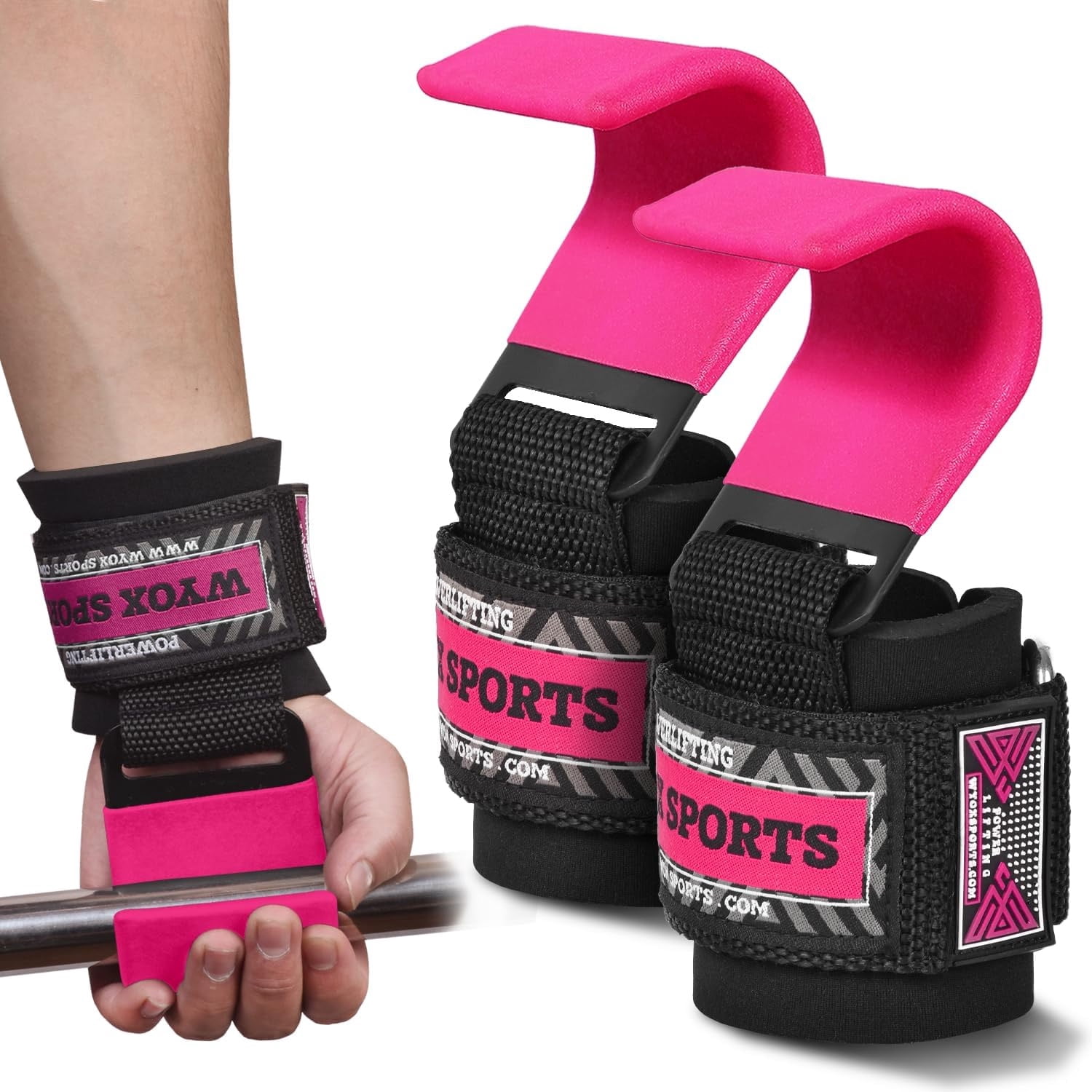 WYOX Weight Lifting Hooks Pink (Pair) – Fitness, Barbell, 7mm Padded Wrist Support, Lifting Grips for Powerlifting, Deadlifts, Shrugs, Rows & Pull-Ups – Gym Straps with Steel Hooks for Men & Women