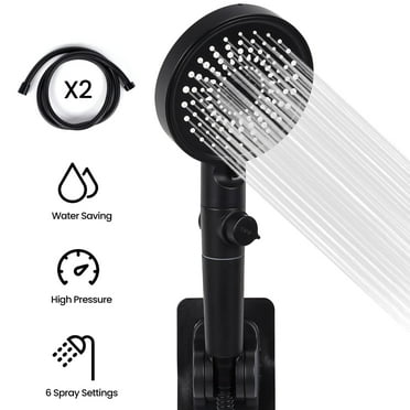 WYRAVIO Handheld Shower Head, High Pressure Shower Head with 6 Spray Settings, 59" Stainless Steel Hose and Adjustable Shower Stand, Shower Head with One Button Switch, Drill-Free Design, Black