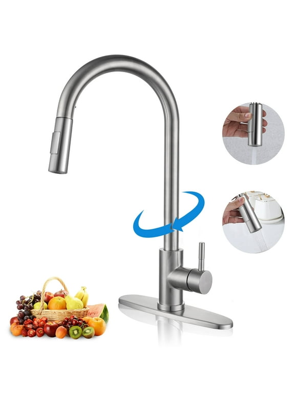 WYRAVIO Kitchen Faucet with Pull Down Sprayer, 304 Stainless Steel Kitchen Sink Faucets with Deck Plate, High Arc Single Handle