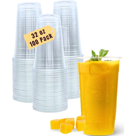 WYSHOP 100 Pack 32 oz Clear Plastic Cups, 32oz Disposable Iced Cold Coffee Cups, Sturdy Recylable Drinking Cup for Milkshake, Smoothie, Cocktail, Cold Drinks, Large Tumblers Wine Glasses for Wedding