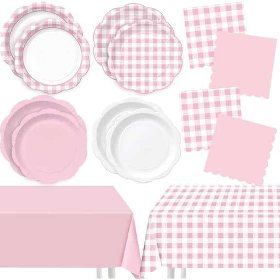 WYSHOP 100 Pcs Pink Gingham Paper Plates Napkins Plastic Tablecloth Set for 24, Pink and White Disposable Dinner Dessert Scalloped Plates for Baby Shower Picnic BBQ Birthday Party Supply Decoration
