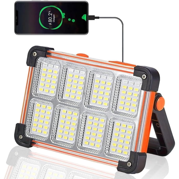 WYSHOP 120W Solar Rechargeable Work Light, 144 LED 10000LM, Orange | Battery Indicator, 4 Modes, SOS Strobe, Camping Lantern Lamp, USB-C, Portable, IP65, for Job Site, Mechanic, Emergency