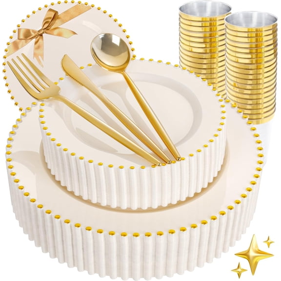 WYSHOP 180Pcs Elegant Ivory Gold Plastic Dinnerware Set for Wedding