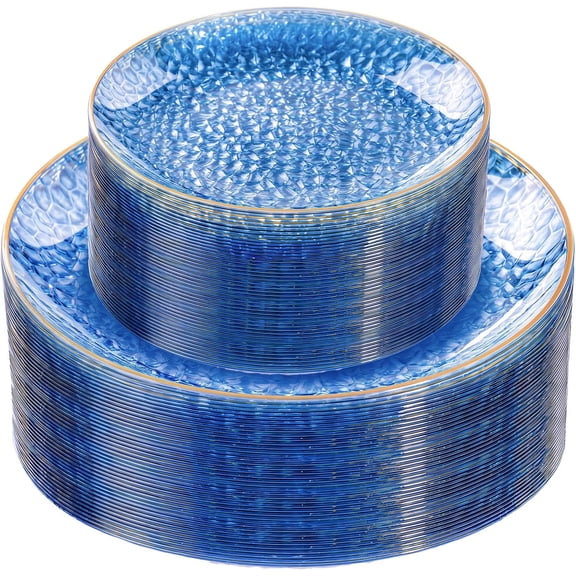 WYSHOP 60Pcs Clear Blue Plastic Plates, Hammered Blue Plates, Clear Fancy Disposable Plates With Gold Rim Include 30 Dessert Plates, 30 Dinner Plates for Party