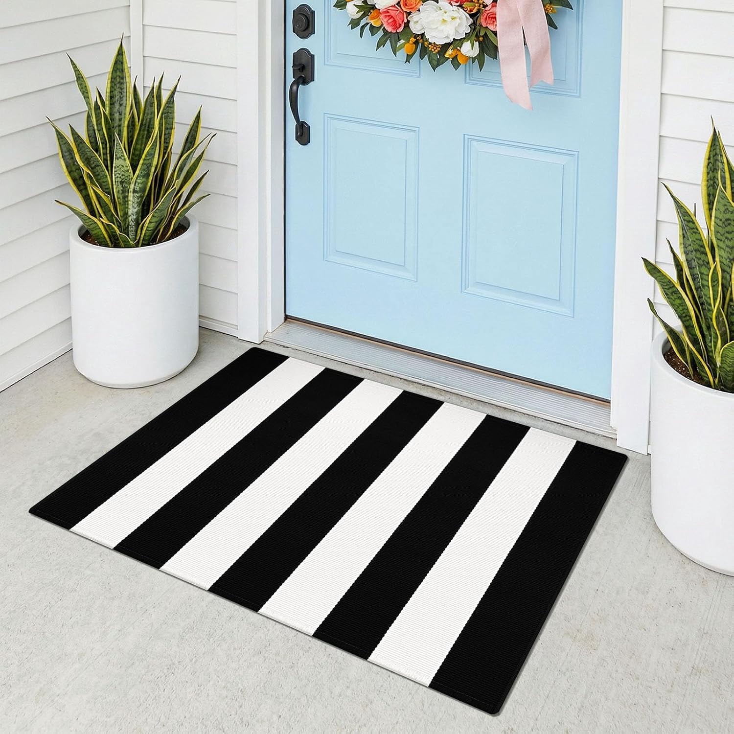 WYSHOP Black and White Striped Rug 2x3 ft Front Door Mat Woven Cotton ...