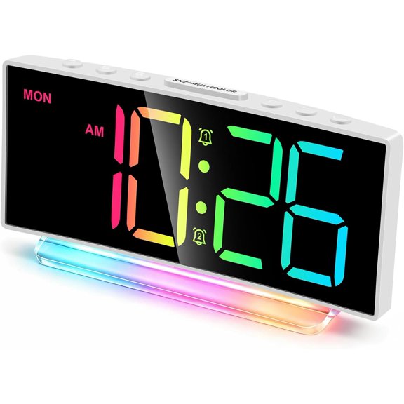 WYSHOP Loud Alarm Clocks for Heavy Sleepers,Adults,Kids,Teens,Large Digital Display,7 Color Night Light,Adjustable Volume,Battery Backup,Small Bedside Clocks for Bedrooms (White+Dynamic)